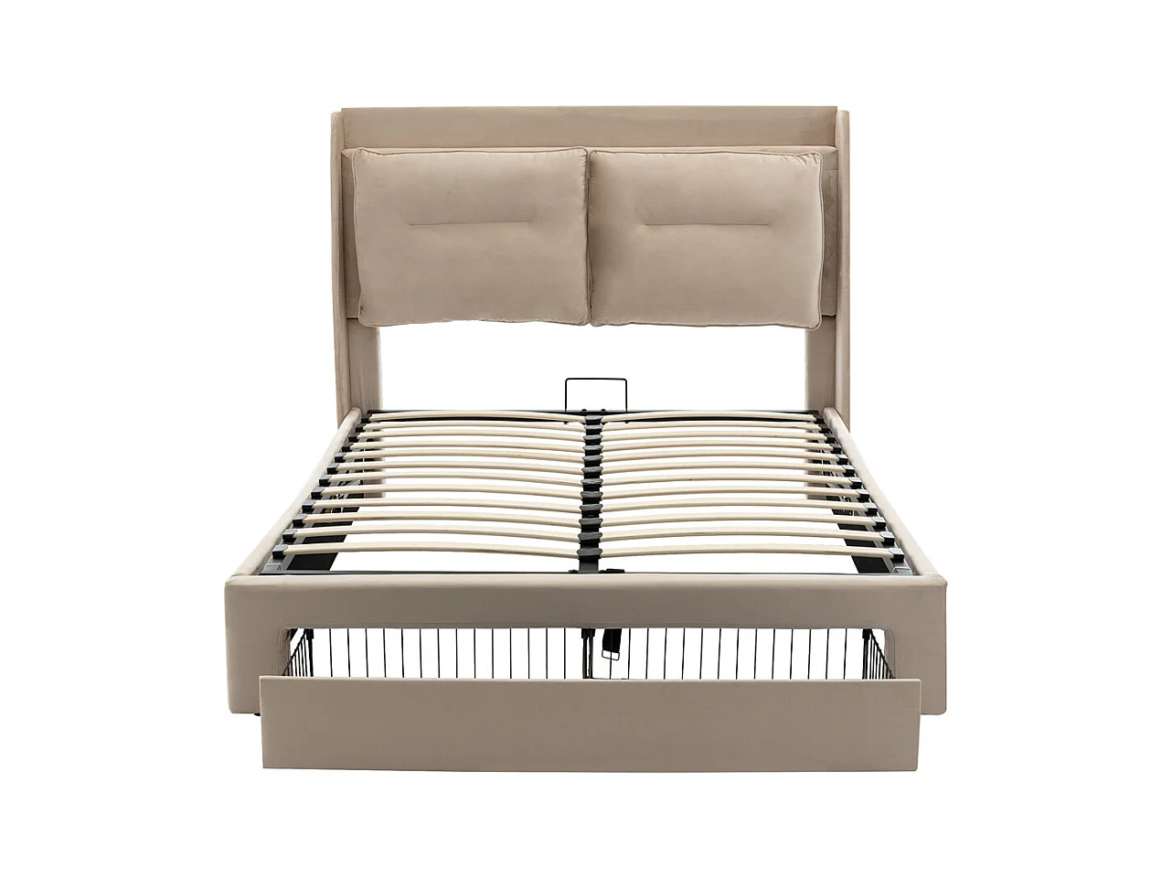 Hydraulisch gestoffeerd bed 140x200cm, opberglades, met lattenbodem, zonder matras, fluweel, beige