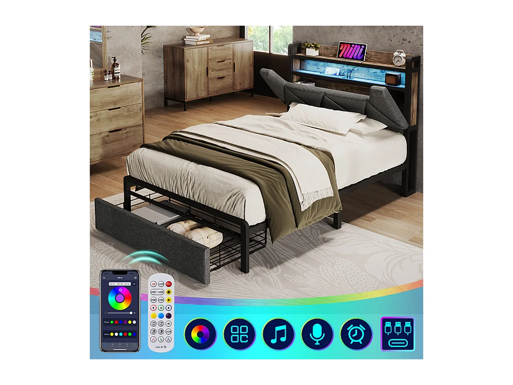 Volwassen bed 90x200 cm met metalen frame gestoffeerd bed met LED-verlichting en lades Eenpersoonsbed grijs linnen