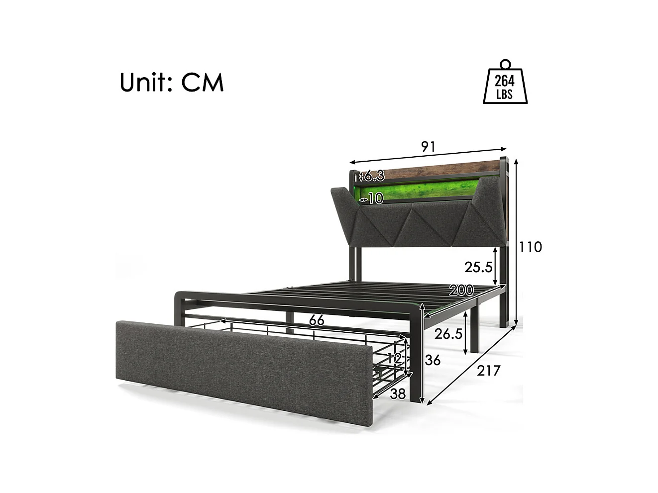 Volwassen bed 90x200 cm met metalen frame gestoffeerd bed met LED-verlichting en lades Eenpersoonsbed grijs linnen