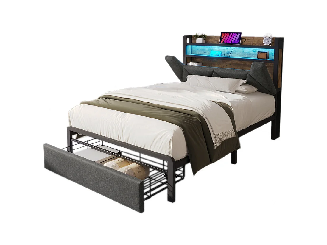 Volwassen bed 90x200 cm met metalen frame gestoffeerd bed met LED-verlichting en lades Eenpersoonsbed grijs linnen