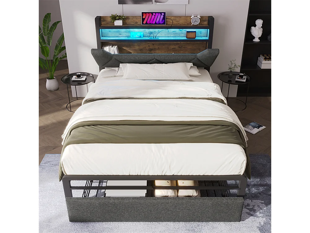 Volwassen bed 90x200 cm met metalen frame gestoffeerd bed met LED-verlichting en lades Eenpersoonsbed grijs linnen