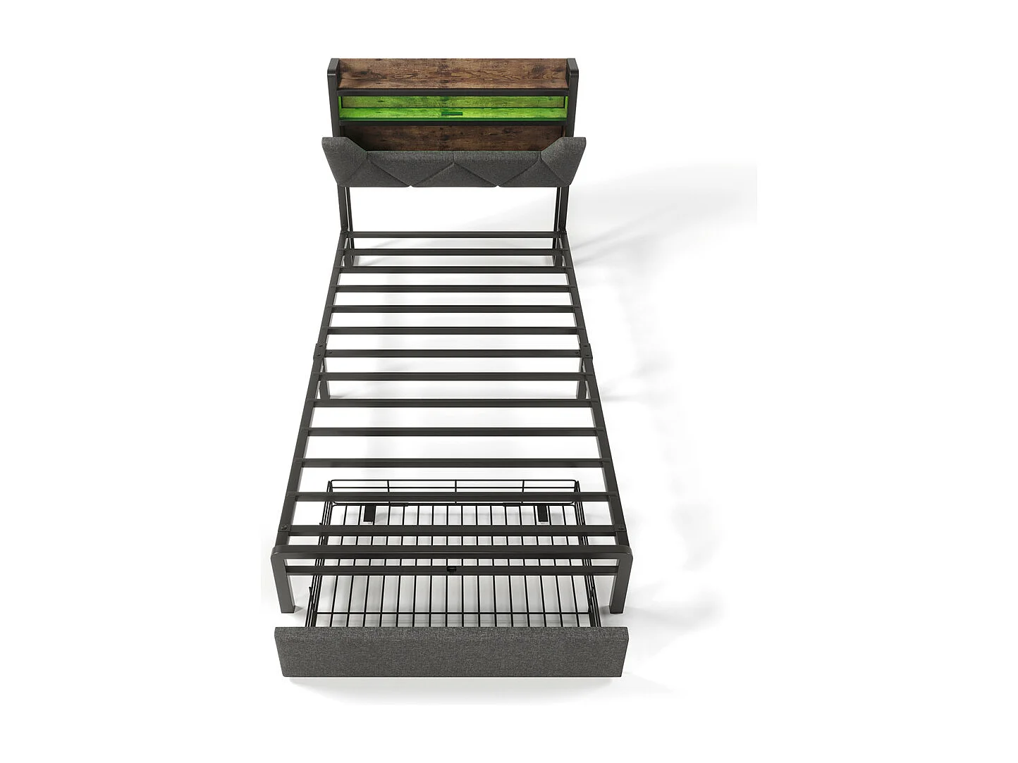 Volwassen bed 90x200 cm met metalen frame gestoffeerd bed met LED-verlichting en lades Eenpersoonsbed grijs linnen