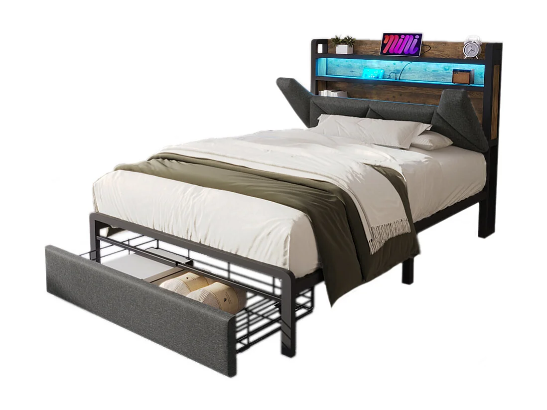 Volwassen bed 90x200 cm met metalen frame gestoffeerd bed met LED-verlichting en lades Eenpersoonsbed grijs linnen