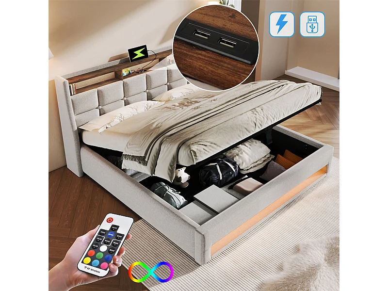 hydraulisch gestoffeerd bed 180x200 cm opbergbed usb bed metalen bed houten lattenbodem led tweepersoonsbed beige linnen