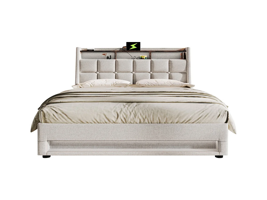 hydraulisch gestoffeerd bed 180x200 cm opbergbed usb bed metalen bed houten lattenbodem led tweepersoonsbed beige linnen