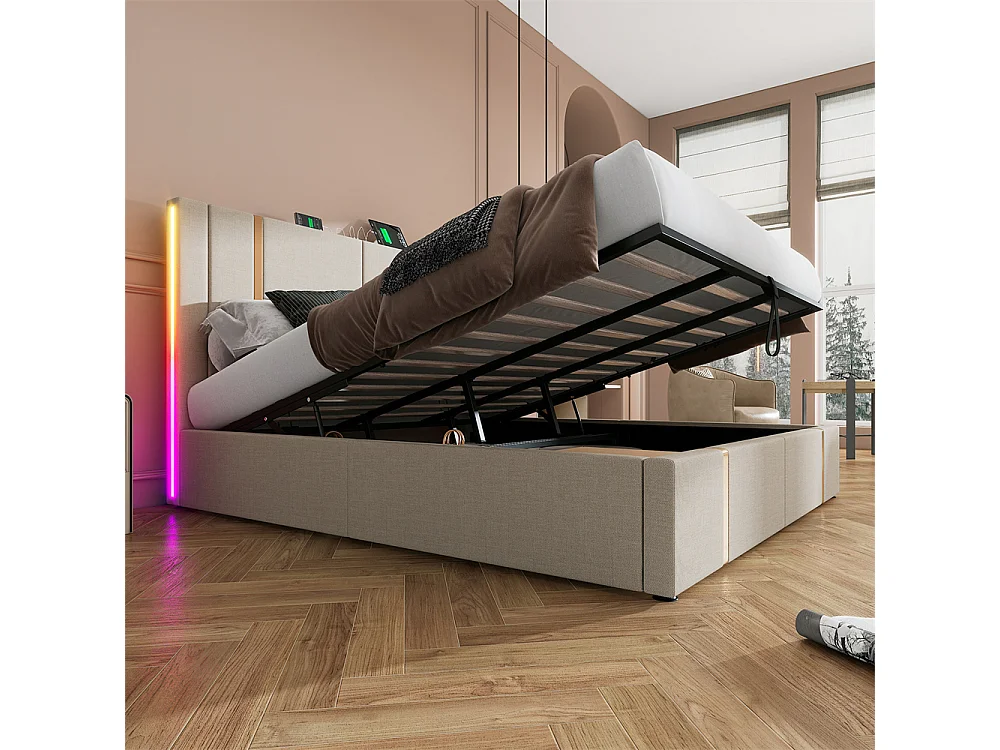 Volwassen bed 180x200 cm bed gestoffeerd bed opbergbed houten lattenbodem tweepersoonsbed beige linnen
