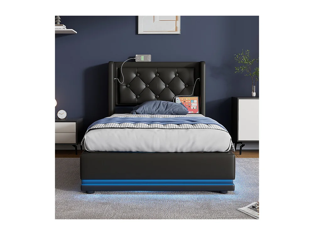 Lit adulte lit 90x200 cm lit rembourré hydraulique lit de rangement Single avec fonction de charge usb type-c tête de lit pu noir