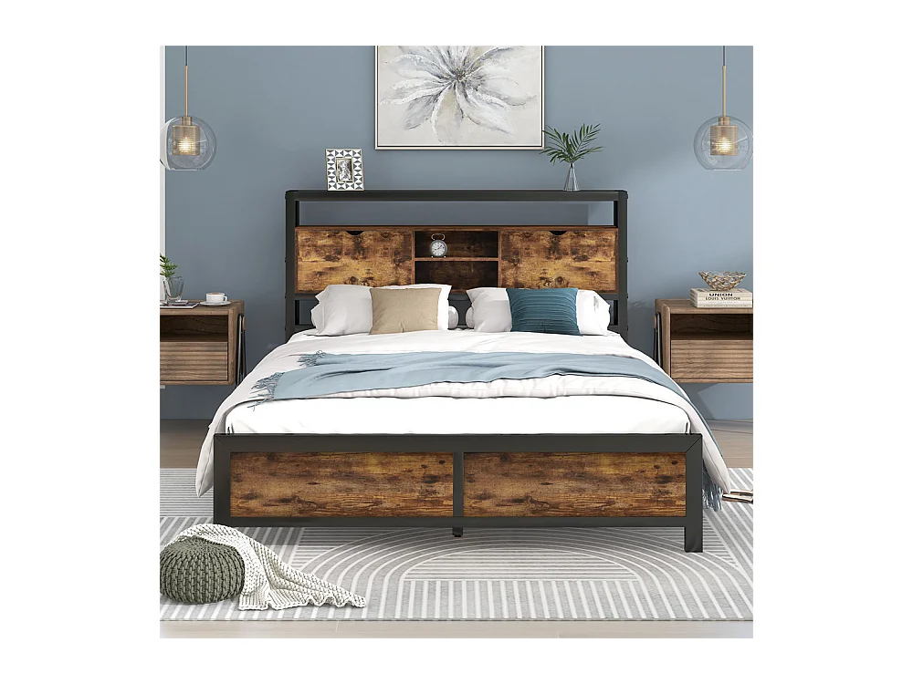 Volwassen bed 140x200 cm bed opbergruimte hoofdeinde bed lattenbodem metalen bed tweepersoonsbed metaal + mdf neutraal