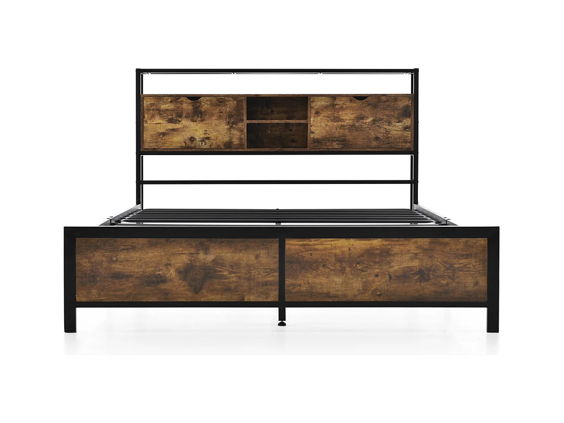 Volwassen bed 140x200 cm bed opbergruimte hoofdeinde bed lattenbodem metalen bed tweepersoonsbed metaal + mdf neutraal