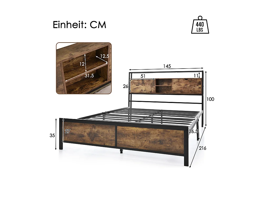 Volwassen bed 140x200 cm bed opbergruimte hoofdeinde bed lattenbodem metalen bed tweepersoonsbed metaal + mdf neutraal