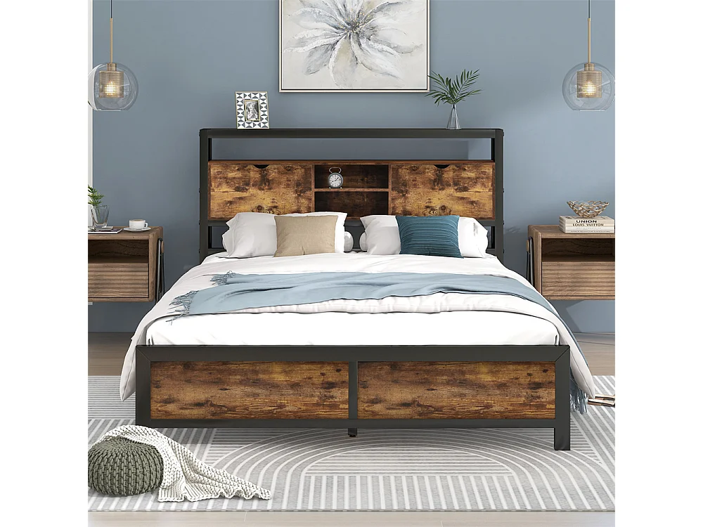 Volwassen bed 140x200 cm bed opbergruimte hoofdeinde bed lattenbodem metalen bed tweepersoonsbed metaal + mdf neutraal