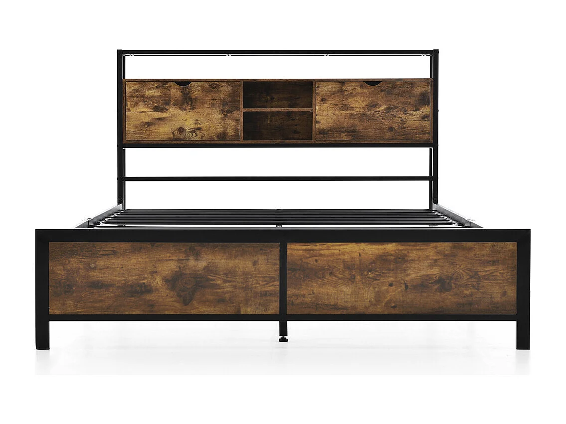 Volwassen bed 140x200 cm bed opbergruimte hoofdeinde bed lattenbodem metalen bed tweepersoonsbed metaal + mdf neutraal