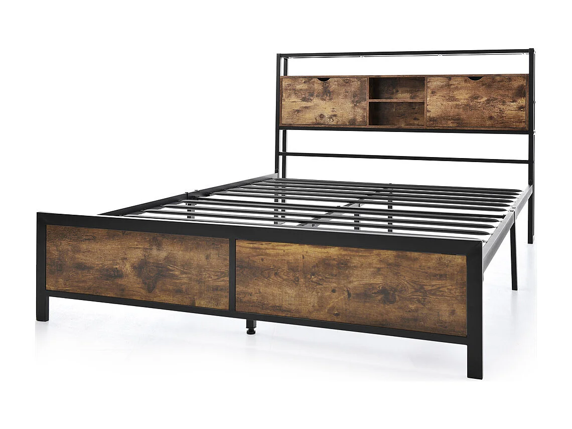 Volwassen bed 140x200 cm bed opbergruimte hoofdeinde bed lattenbodem metalen bed tweepersoonsbed metaal + mdf neutraal