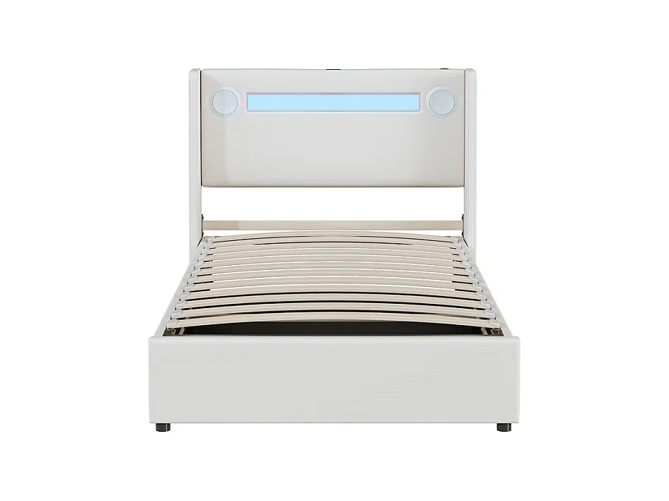 Lit rembourré 90x200 cm lit sommier à lattes lit barre lumineuse à led lecteur bluetooth et recharge usb Single cuir pu blanc