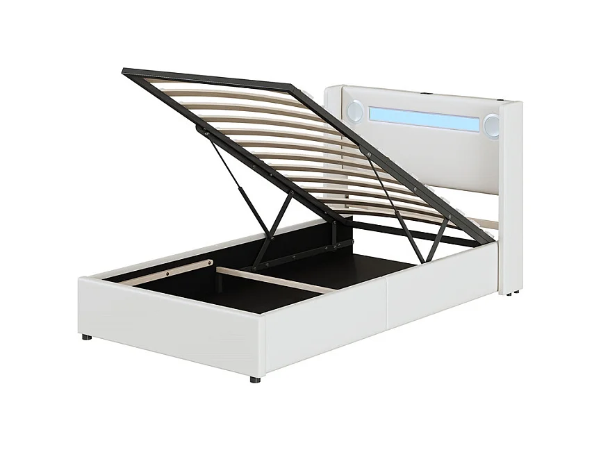 Lit rembourré 90x200 cm lit sommier à lattes lit barre lumineuse à led lecteur bluetooth et recharge usb Single cuir pu blanc