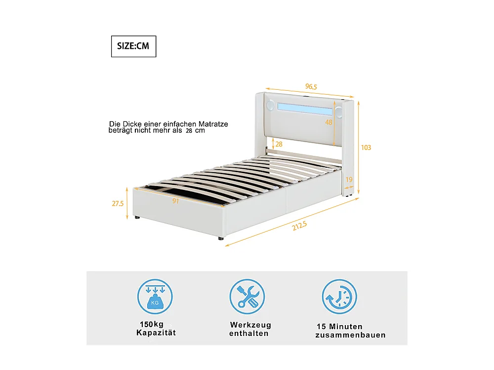 Lit rembourré 90x200 cm lit sommier à lattes lit barre lumineuse à led lecteur bluetooth et recharge usb Single cuir pu blanc