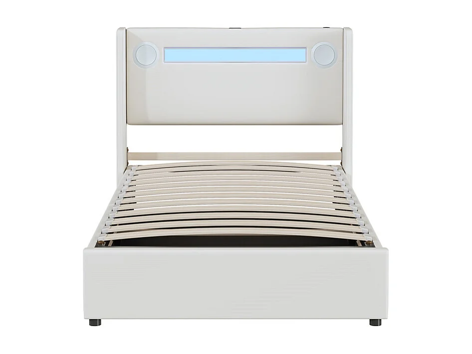 Lit rembourré 90x200 cm lit sommier à lattes lit barre lumineuse à led lecteur bluetooth et recharge usb Single cuir pu blanc