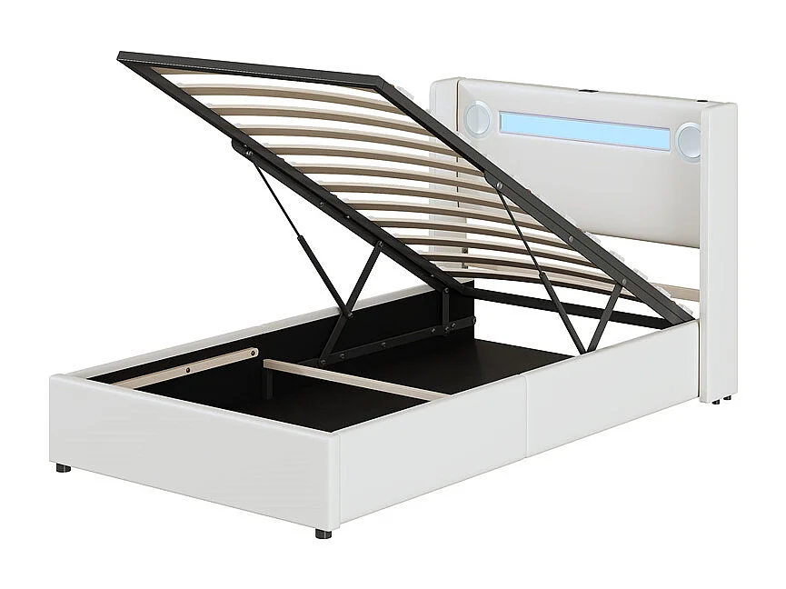 Lit rembourré 90x200 cm lit sommier à lattes lit barre lumineuse à led lecteur bluetooth et recharge usb Single cuir pu blanc