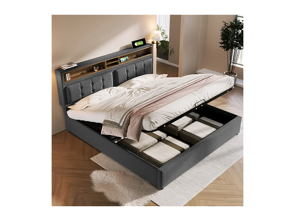 lit rembourré hydraulique 140x200 cm lit de rangement lit double avec prise usb c fonction de recharge tête de lit lin gris