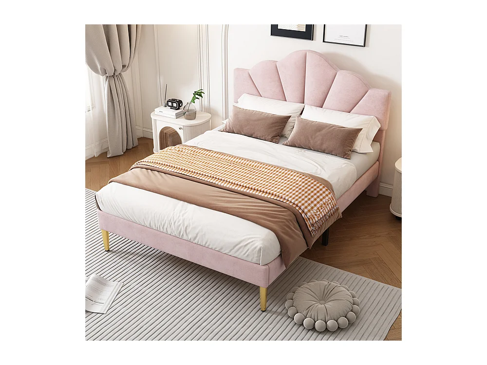 Gestoffeerd bed 140x200 cm tweepersoonsbed met lattenbodem - verstelbaar hoofdeinde - fluwelen stof - roze