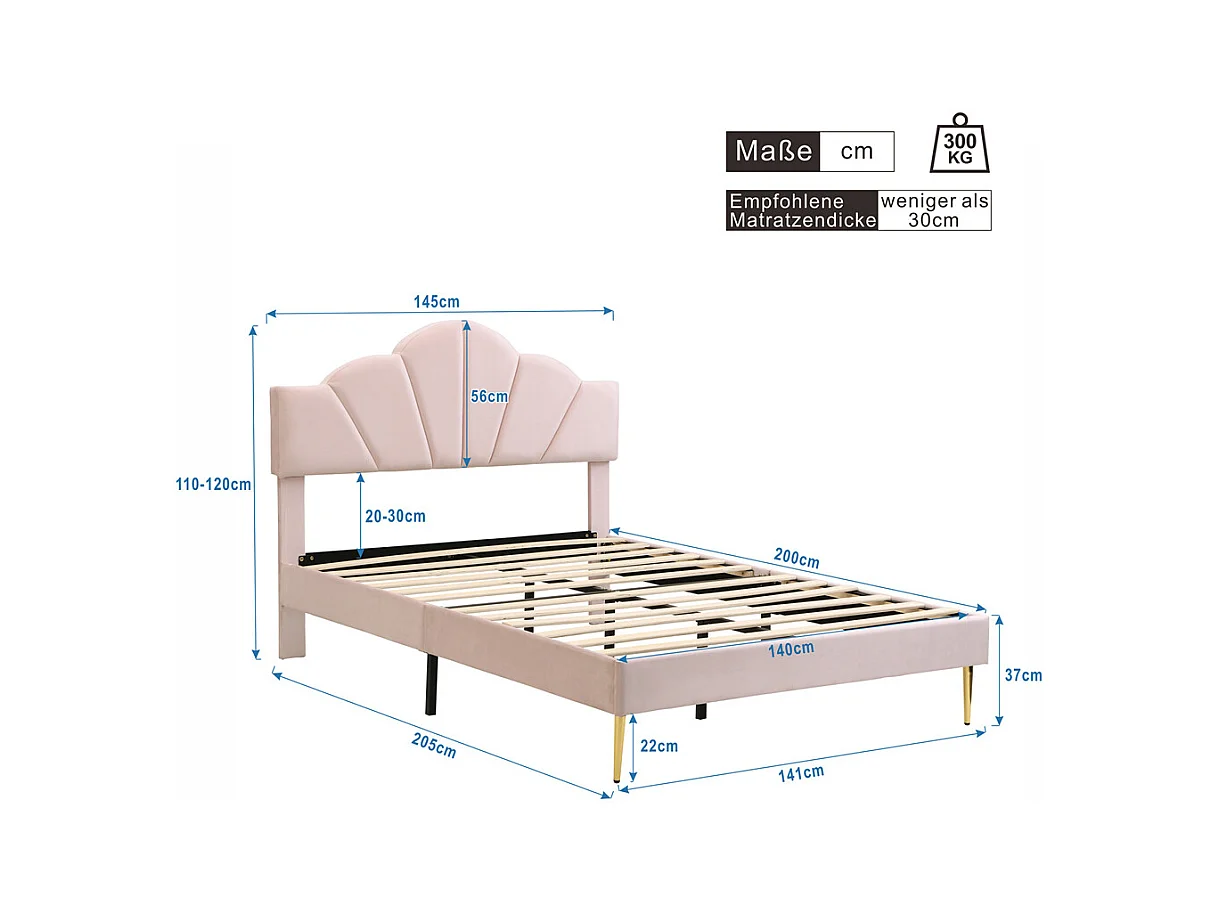 Gestoffeerd bed 140x200 cm tweepersoonsbed met lattenbodem - verstelbaar hoofdeinde - fluwelen stof - roze