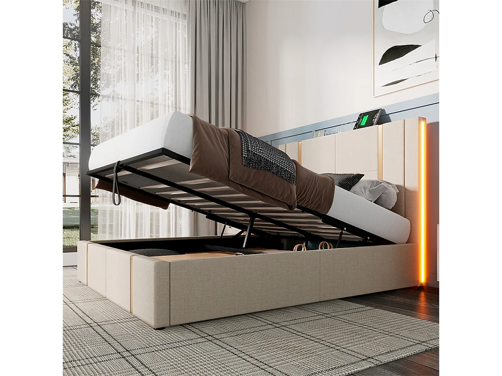 Volwassen bed 160x200 cm bed gestoffeerd bed opbergbed houten lattenbodem tweepersoonsbed beige linnen