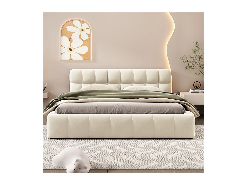 Volwassen bed 140x190 cm gestoffeerd bed met lattenbodem tweepersoonsbed beige linnen