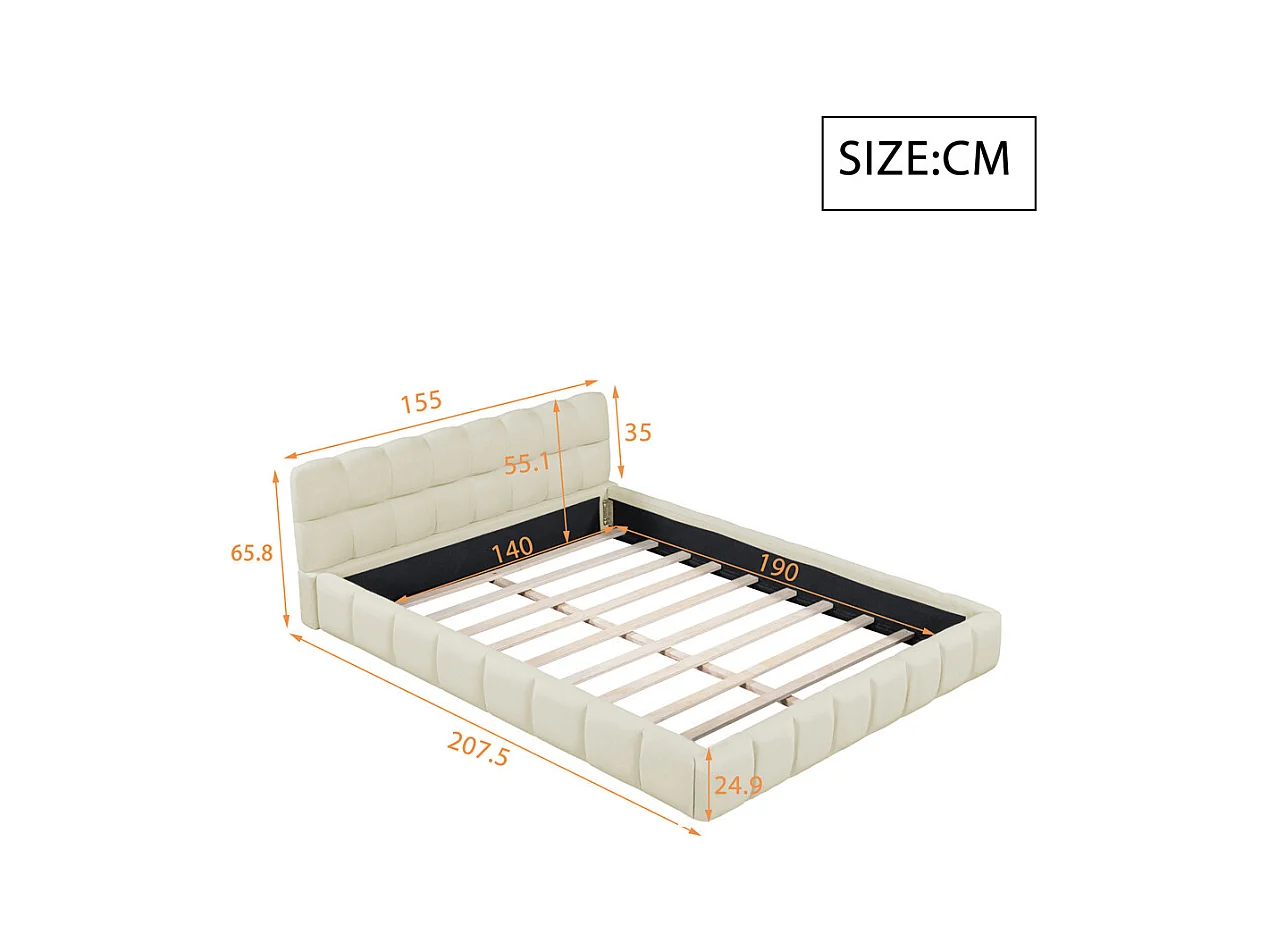 Volwassen bed 140x190 cm gestoffeerd bed met lattenbodem tweepersoonsbed beige linnen