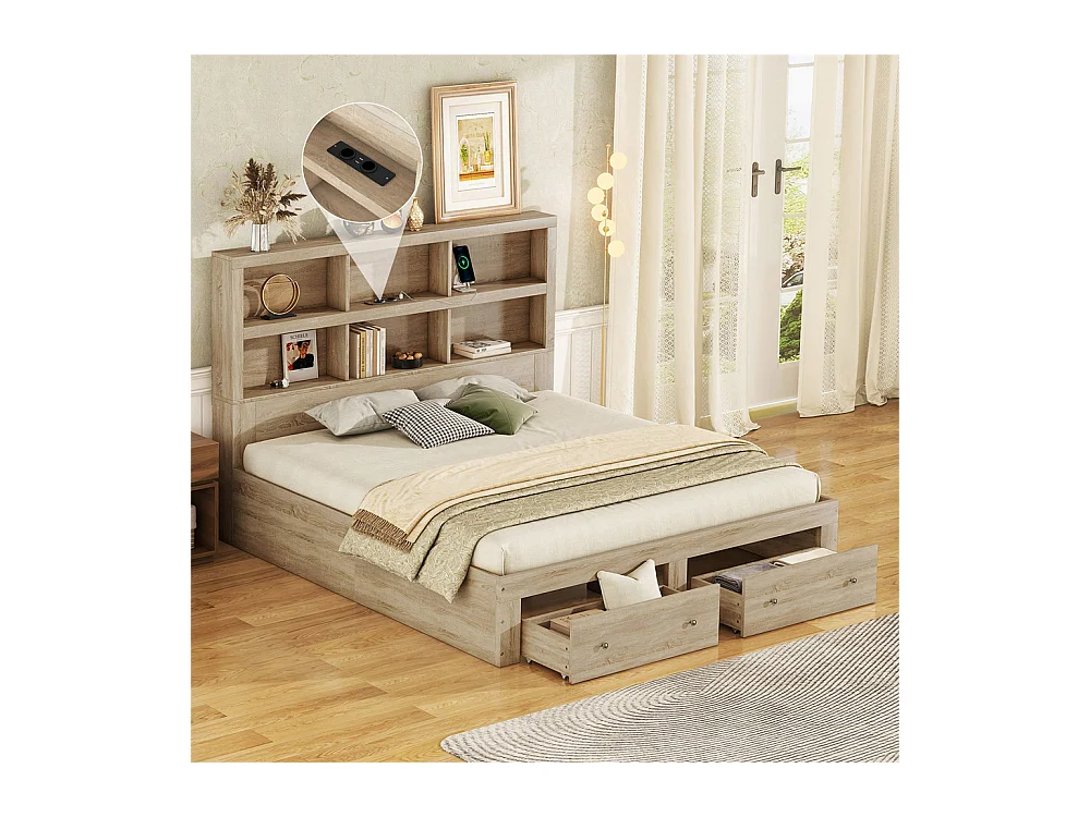 Volwassen bed 160x200 cm met twee lades met opbergruimte hoofdbord tweepersoonsbed spaanplaat Neutraal