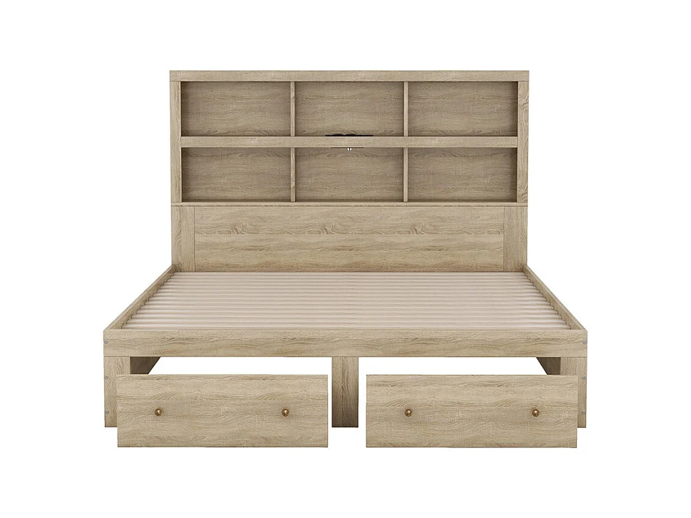 Volwassen bed 160x200 cm met twee lades met opbergruimte hoofdbord tweepersoonsbed spaanplaat Neutraal