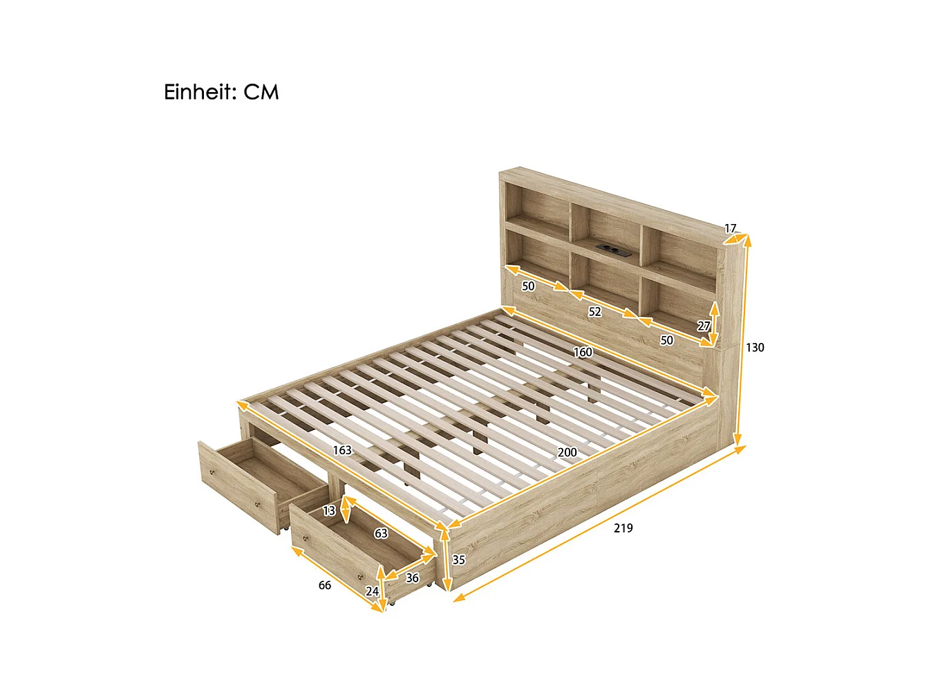 Volwassen bed 160x200 cm met twee lades met opbergruimte hoofdbord tweepersoonsbed spaanplaat Neutraal