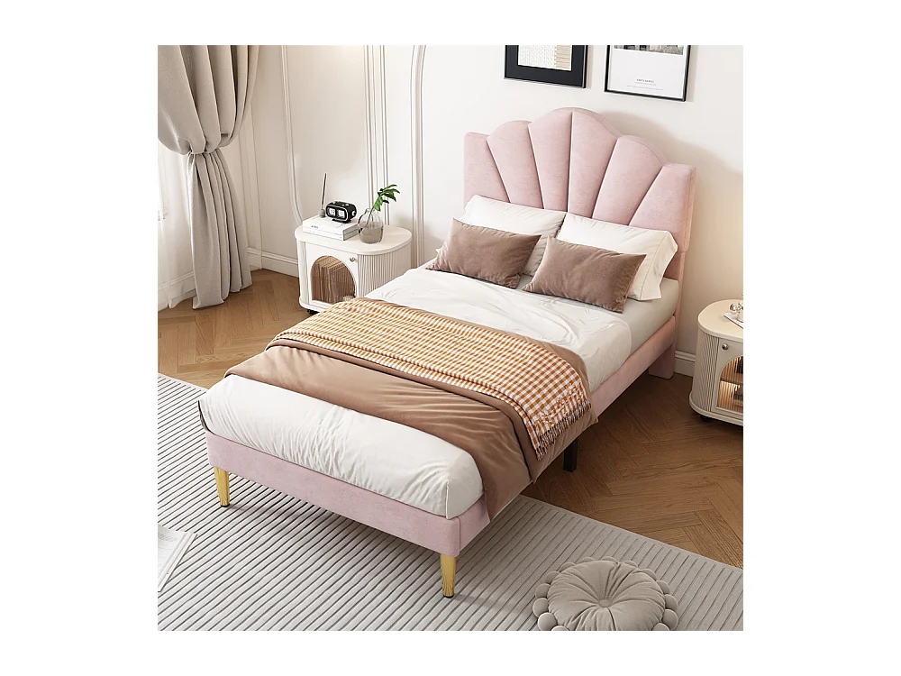 Lit rembourré Single 90x200 cm avec sommier à lattes - tête de lit réglable - tissu en velours - rose