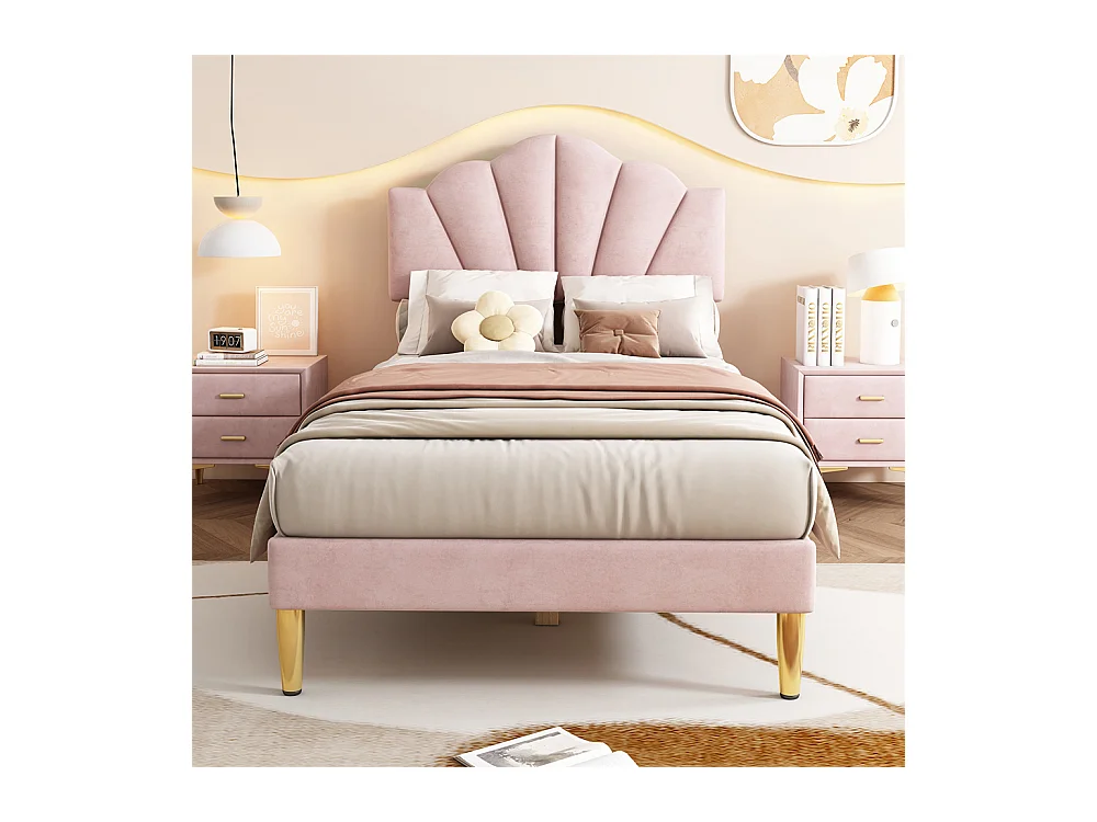 Lit rembourré Single 90x200 cm avec sommier à lattes - tête de lit réglable - tissu en velours - rose