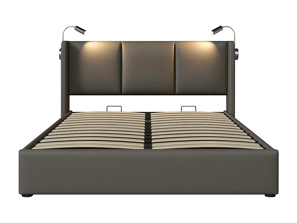 Gestoffeerd bed 160x200cm opbergbed bed leeslamp hoofdeinde met usb oplaadfunctie tweepersoonsbed pu grijs