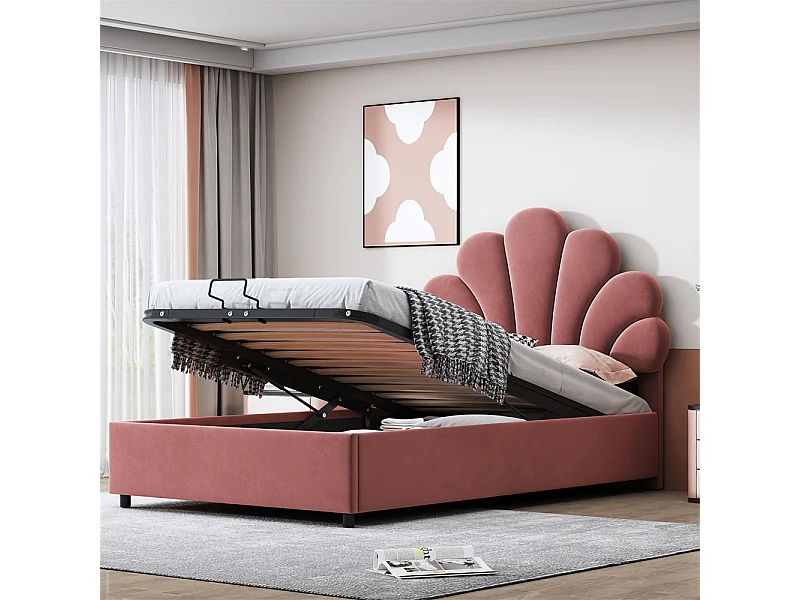 Lit adulte lit coffre lit 90x200 cm lit de rangement lit rembourré hydraulique lit cadre à lamelles Single velours rose