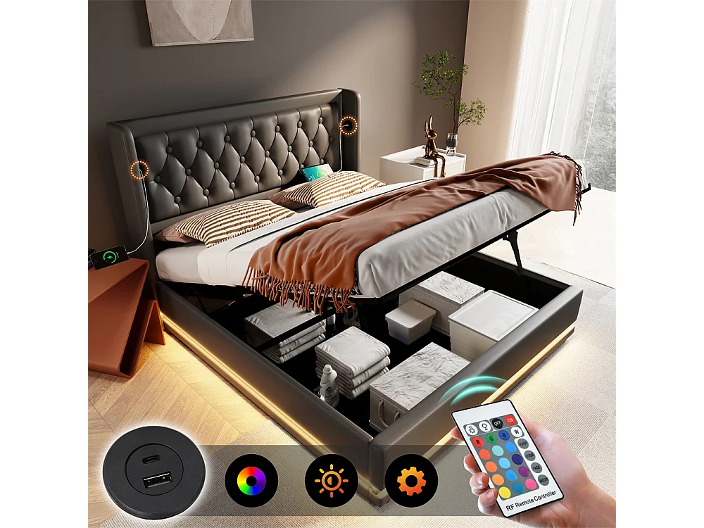 Hydraulisch gestoffeerd bed 160x200cm opbergbed tweepersoonsbed met usb type-c oplaadfunctie hoofdeinde pu zwart