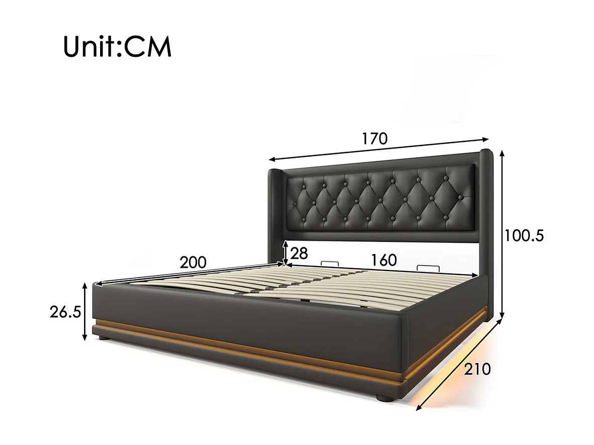 Hydraulisch gestoffeerd bed 160x200cm opbergbed tweepersoonsbed met usb type-c oplaadfunctie hoofdeinde pu zwart