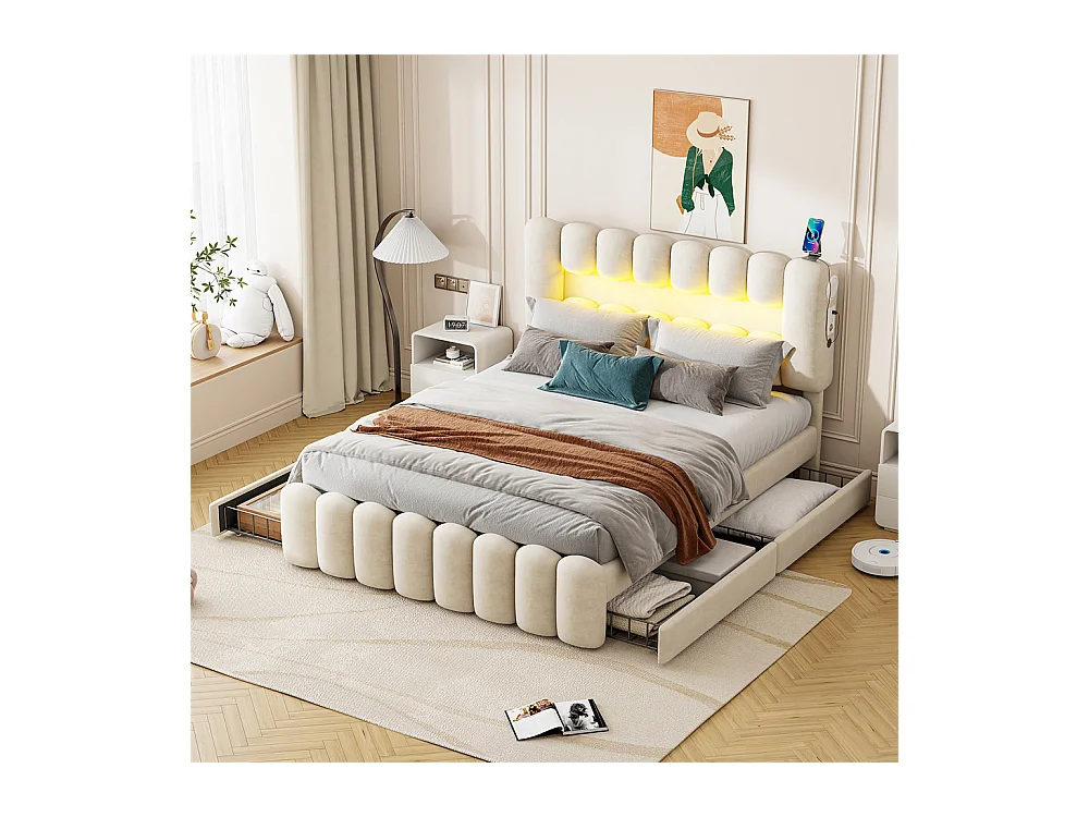 Volwassen bed 160x200 cm gestoffeerd bed met LED-lichtbalk 4-ladenbed met USB en stereo tweepersoonsbed beige fluweel