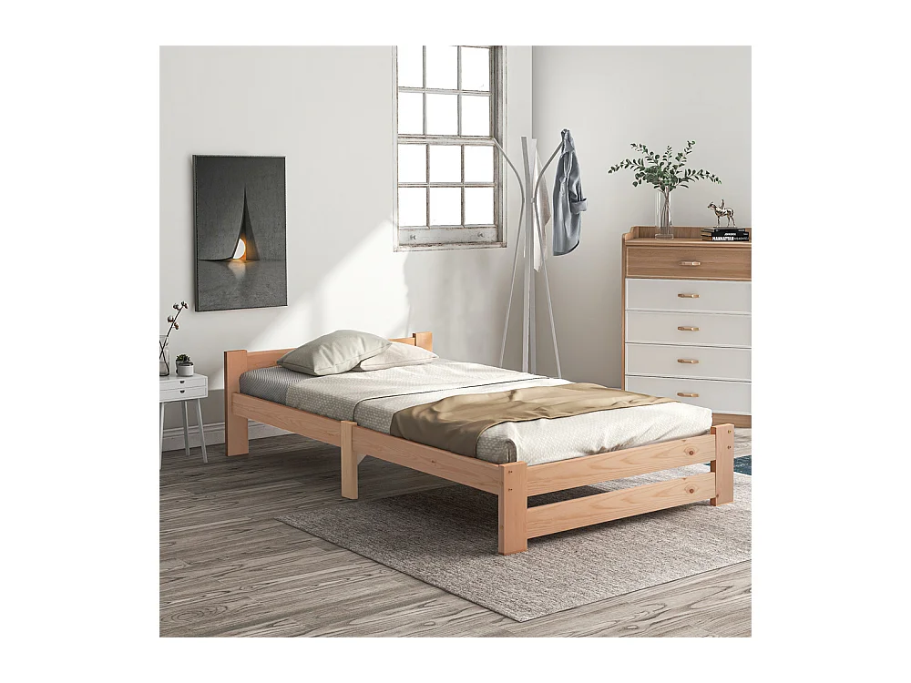 Lit adulte lit 90x200 cm lit sommier à lattes Single bois massif Neutral