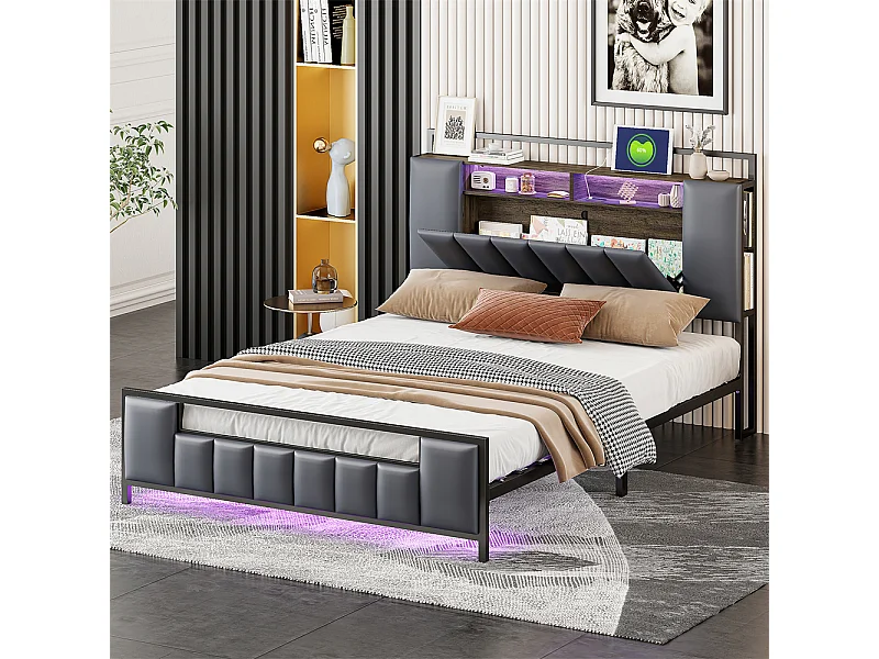 Gestoffeerd bed 160x200cm led-lichtbed usb-aansluiting bed 4 laden massief ijzeren bedframe tweepersoonsbed kunstleer grijs