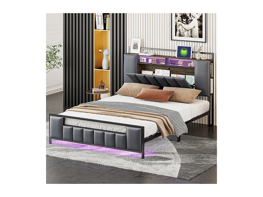 Gestoffeerd bed 160x200cm led-lichtbed usb-aansluiting bed 4 laden massief ijzeren bedframe tweepersoonsbed kunstleer grijs