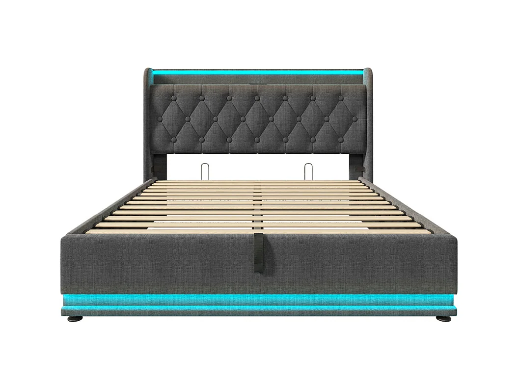 Lit rembourré hydraulique 160x200 cm lit appui-tête rembourré avec fonction de recharge usb type-c lit double lin gris