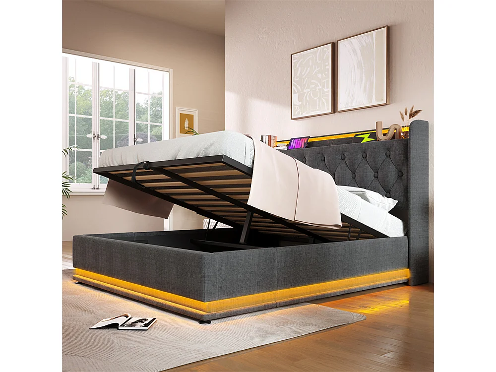 Lit rembourré hydraulique 160x200 cm lit appui-tête rembourré avec fonction de recharge usb type-c lit double lin gris