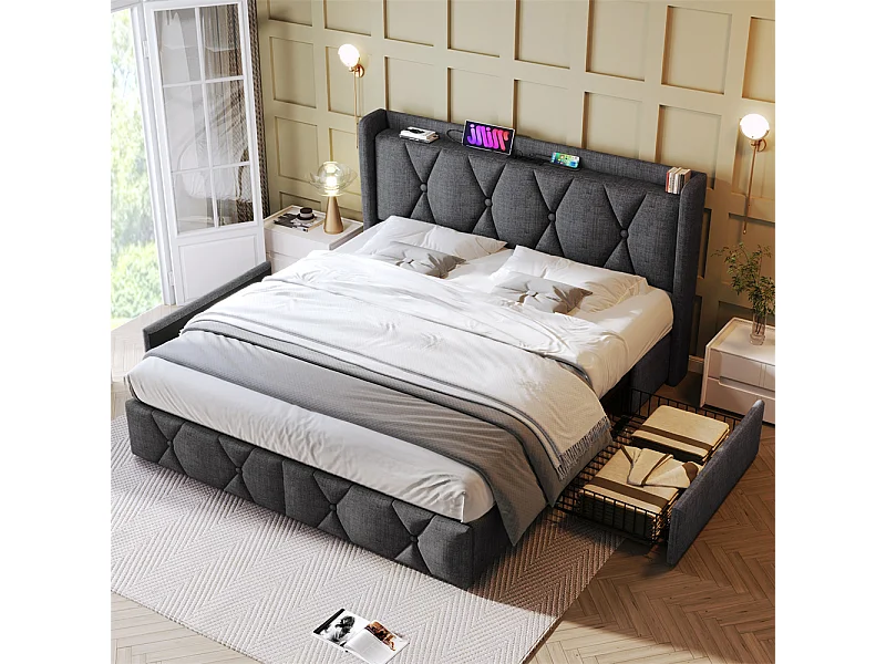 Volwassen bed 160x200 cm gestoffeerd bed opbergbed met 4 lades tweepersoonsbed grijs linnen