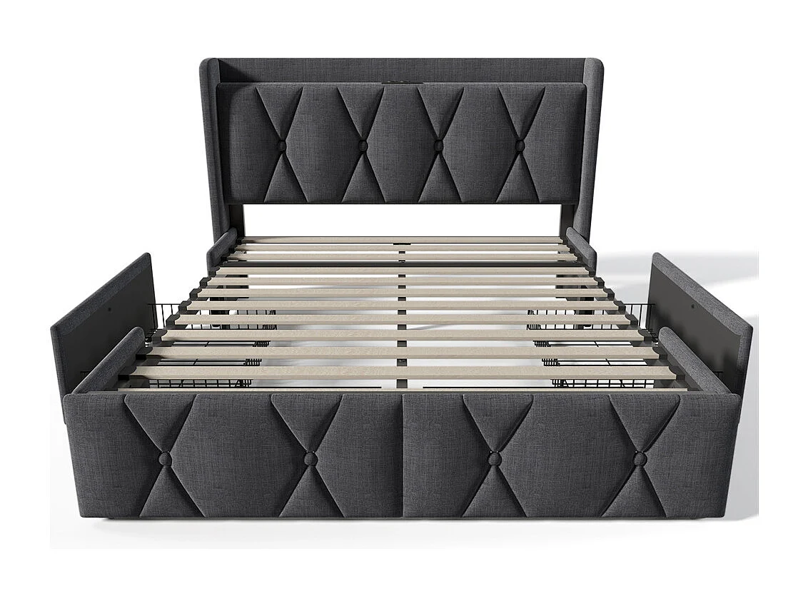 Volwassen bed 160x200 cm gestoffeerd bed opbergbed met 4 lades tweepersoonsbed grijs linnen