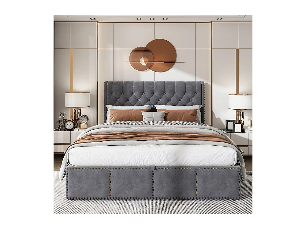 Lit adulte lit coffre lit 160x200 cm lit de rangement lit rembourré hydraulique velours gris