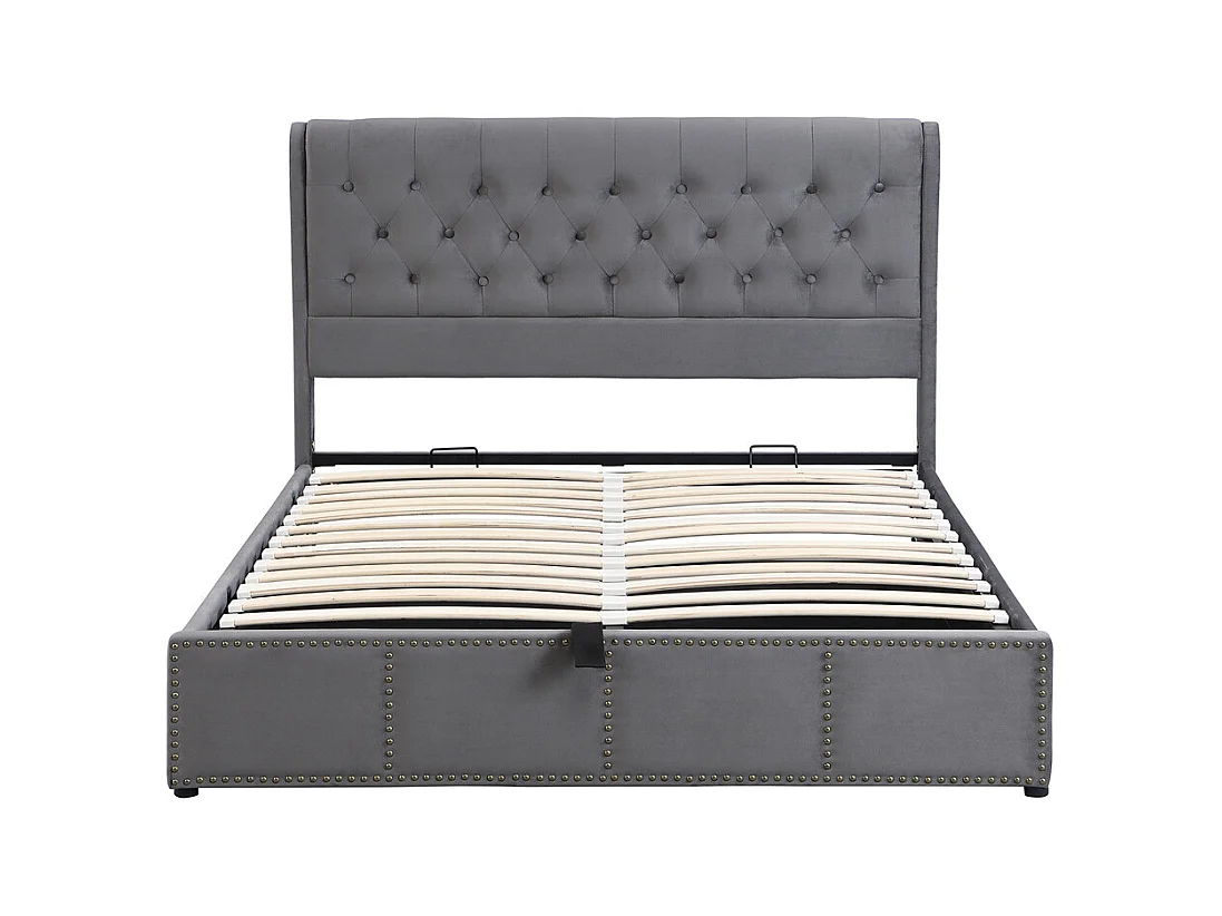 Lit adulte lit coffre lit 160x200 cm lit de rangement lit rembourré hydraulique velours gris