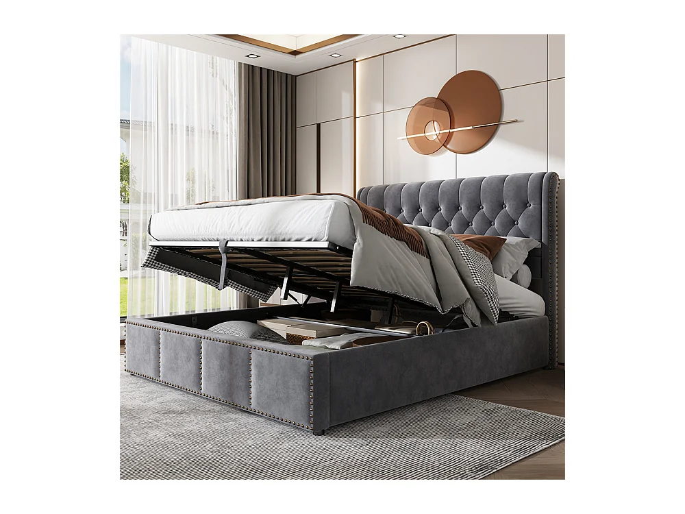 Lit adulte lit coffre lit 160x200 cm lit de rangement lit rembourré hydraulique velours gris