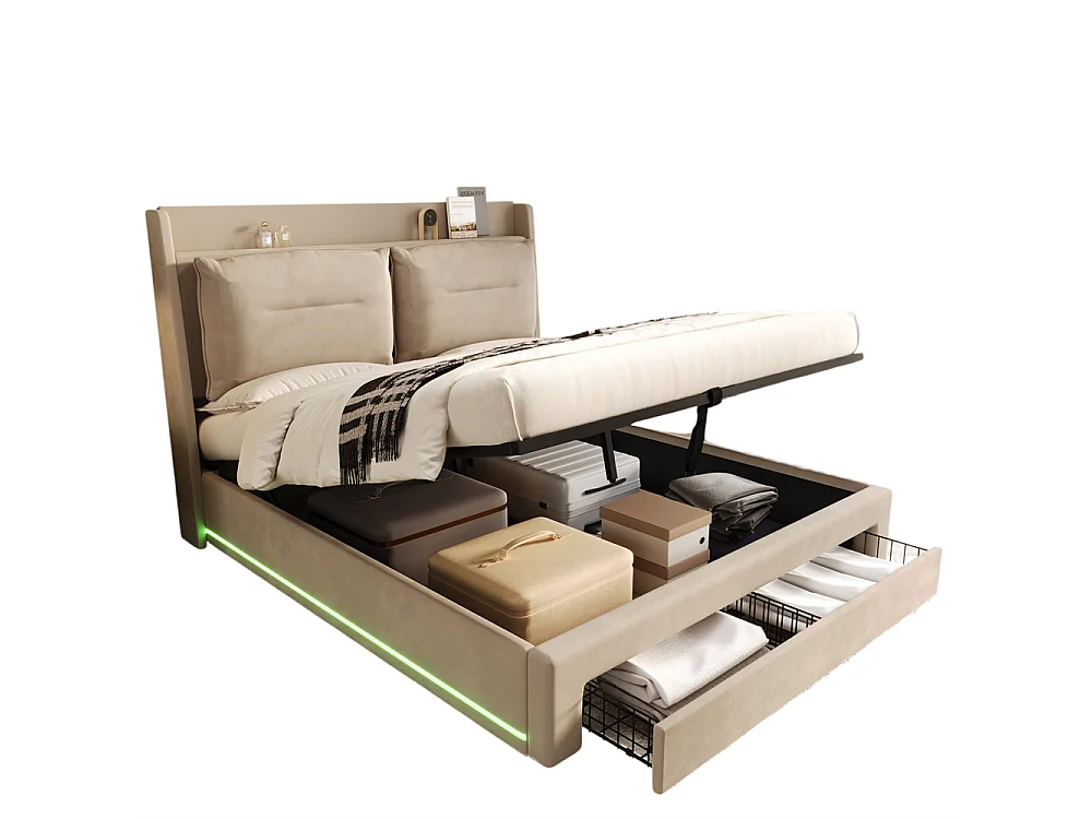 Hydraulisch gestoffeerd bed 180x200cm, opberglades, met lattenbodem, zonder matras, fluweel, beige