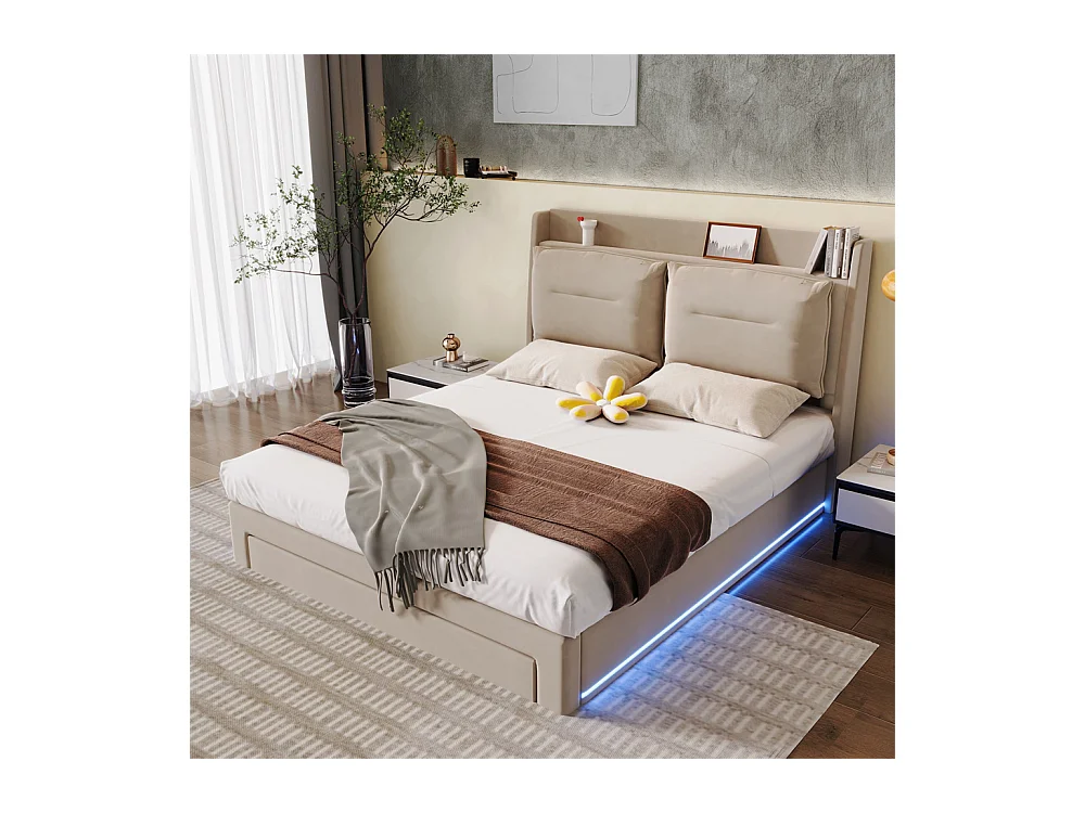 Hydraulisch gestoffeerd bed 180x200cm, opberglades, met lattenbodem, zonder matras, fluweel, beige